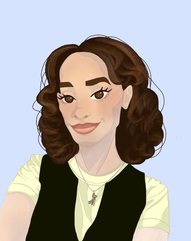 Head and shoulders illustrated portrait of a young woman with shoulder length wavy brown hair, a slight smile and wearing a light green shirt and black sweater vest. 