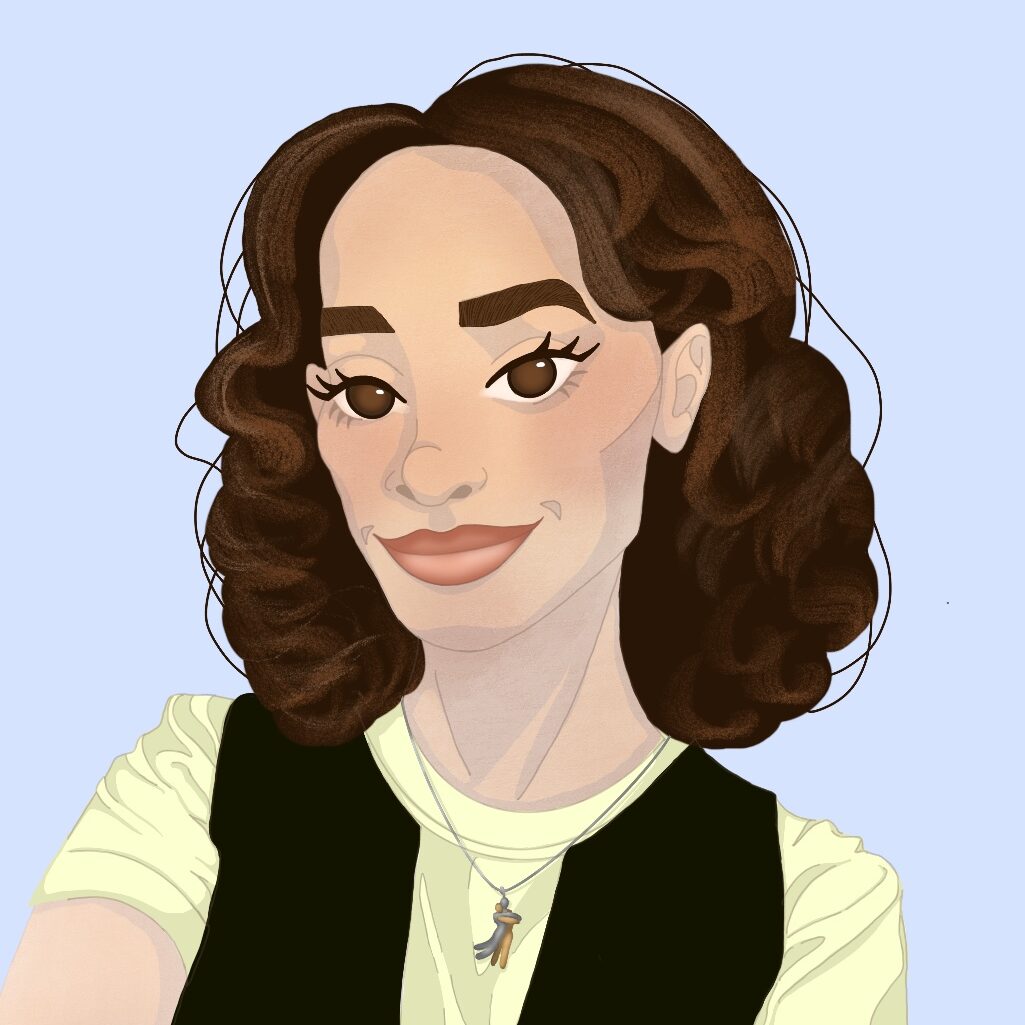 Head and shoulders illustrated portrait of a young woman with shoulder length wavy brown hair, a slight smile and wearing a light green shirt and black sweater vest.